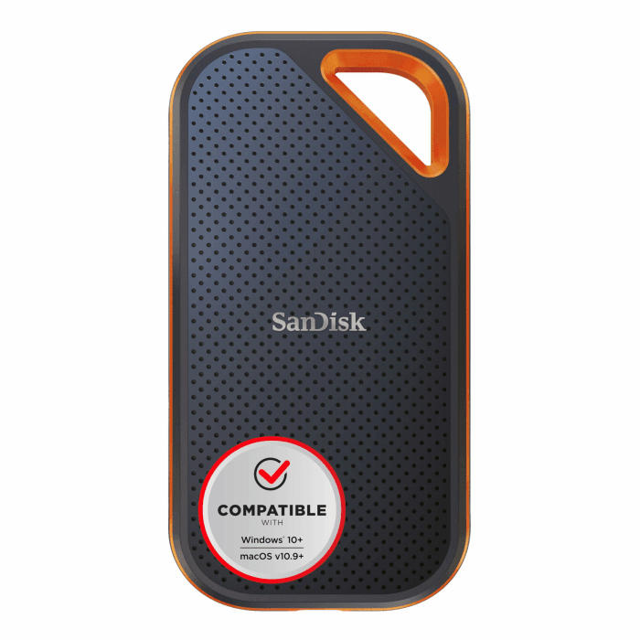 SanDisk Extreme PRO Portable SSD 2 TB (externe SSD, NVMe-SSD-Performance, 2,5 Zoll, 2.000 MB/s Lesen und Schreiben, AES-Verschlüsselung, IP65-Wasser- und -Staubschutz) grau Schwarz 2 TB