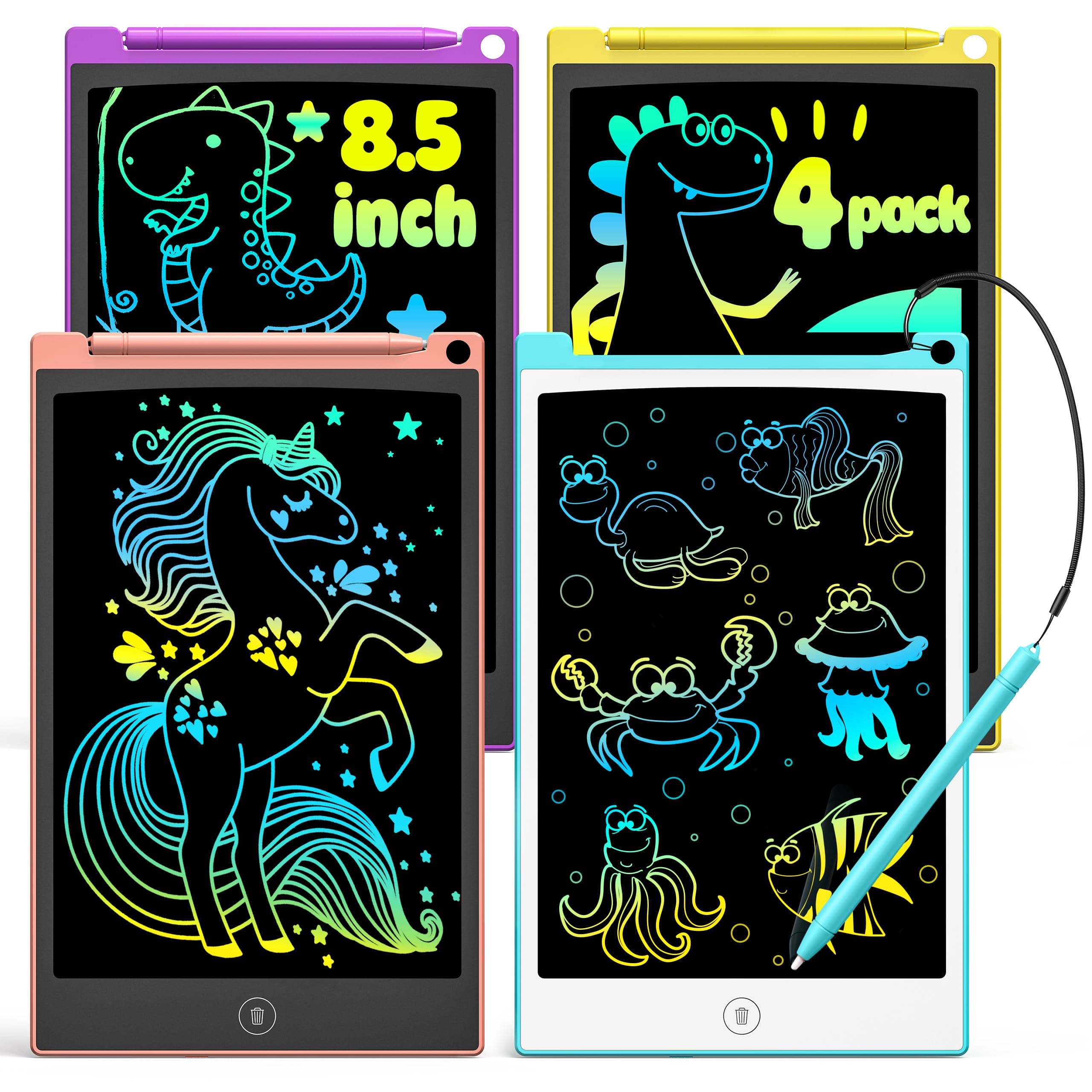 TECJOE LCD Schreibtafel 4 Pack, 8.5 Zoll Tablet für Kinder und Erwachsene, Löschbarer, Wiederverwendbarer Schreib-Zeichenblock, mit Abschließbar Löschen-Taste (Blau+Rosa+Gelb+Lila), H10A