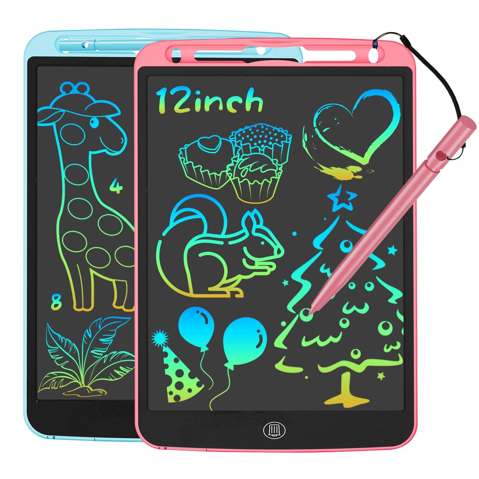 LCD Schreibtafel 2er-Pack, 12 Zoll Drawing Tablet mit Stylus Lanyard, Beschäftigung Digital Notepad für Kinder im Flugzeug, Zeichentafel für Jungen und Mädchen (Rosa+Blau)