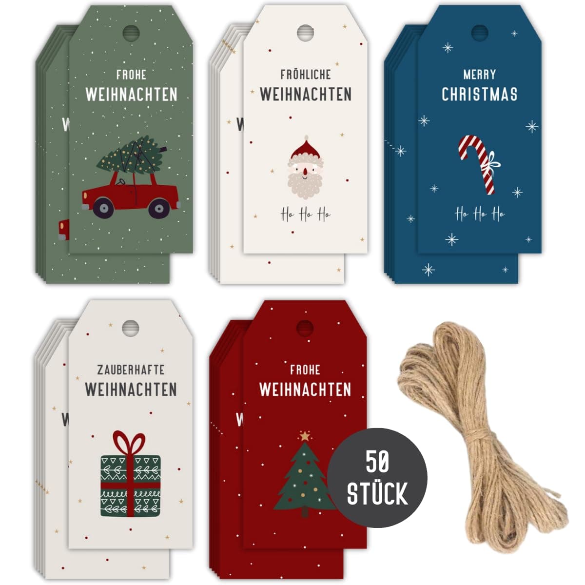 Weihnachten Geschenk Anhänger 50 Stück | Geschenkanhänger Frohe Weihnachten | Merry Xmas Weihnachtsanhänger mit 10m Schnur zum Befestigen (Bunt) DIN A8 Bunt Angebot bei HelloDeals