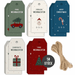 Weihnachten Geschenk Anhänger 50 Stück | Geschenkanhänger Frohe Weihnachten | Merry Xmas Weihnachtsanhänger mit 10m Schnur zum Befestigen (Bunt) DIN A8 Bunt
