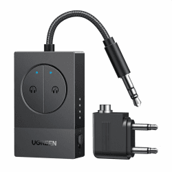 UGREEN Bluetooth Adapter Flugzeug 5.4 Transmitter für 2 Airpods oder Kopfhörer, 19 Std. Akkulaufzeit, 3,5mm AUX Bluetooth Sender Klinke, kompatibel mit Flugzeug, TV, Fitnessstudio