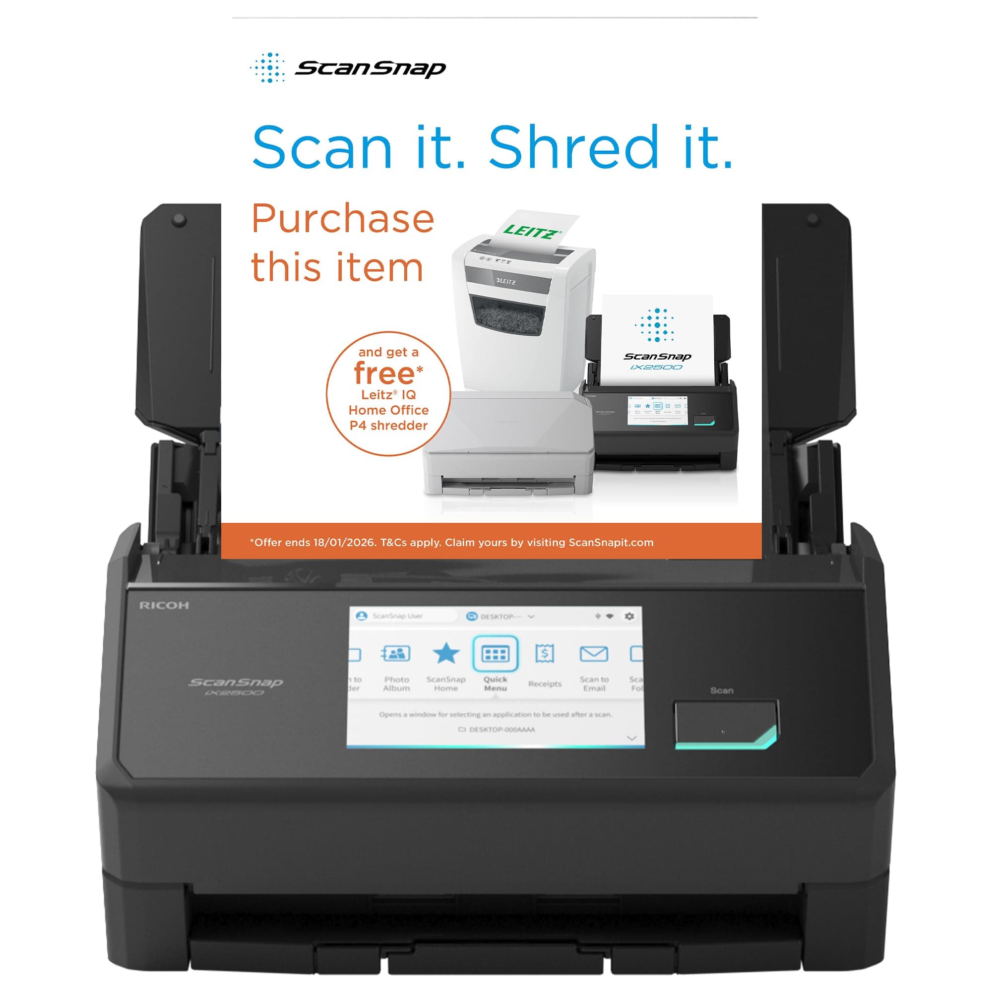 ScanSnap iX2500 Schwarz – Ultraschneller Duplex-Scanner mit 45 S./Min., 100-Blatt-ADF, 600DPI, 5″ Touchscreen, WLAN/Bluetooth/USB-Konnektivität Angebot bei HelloDeals