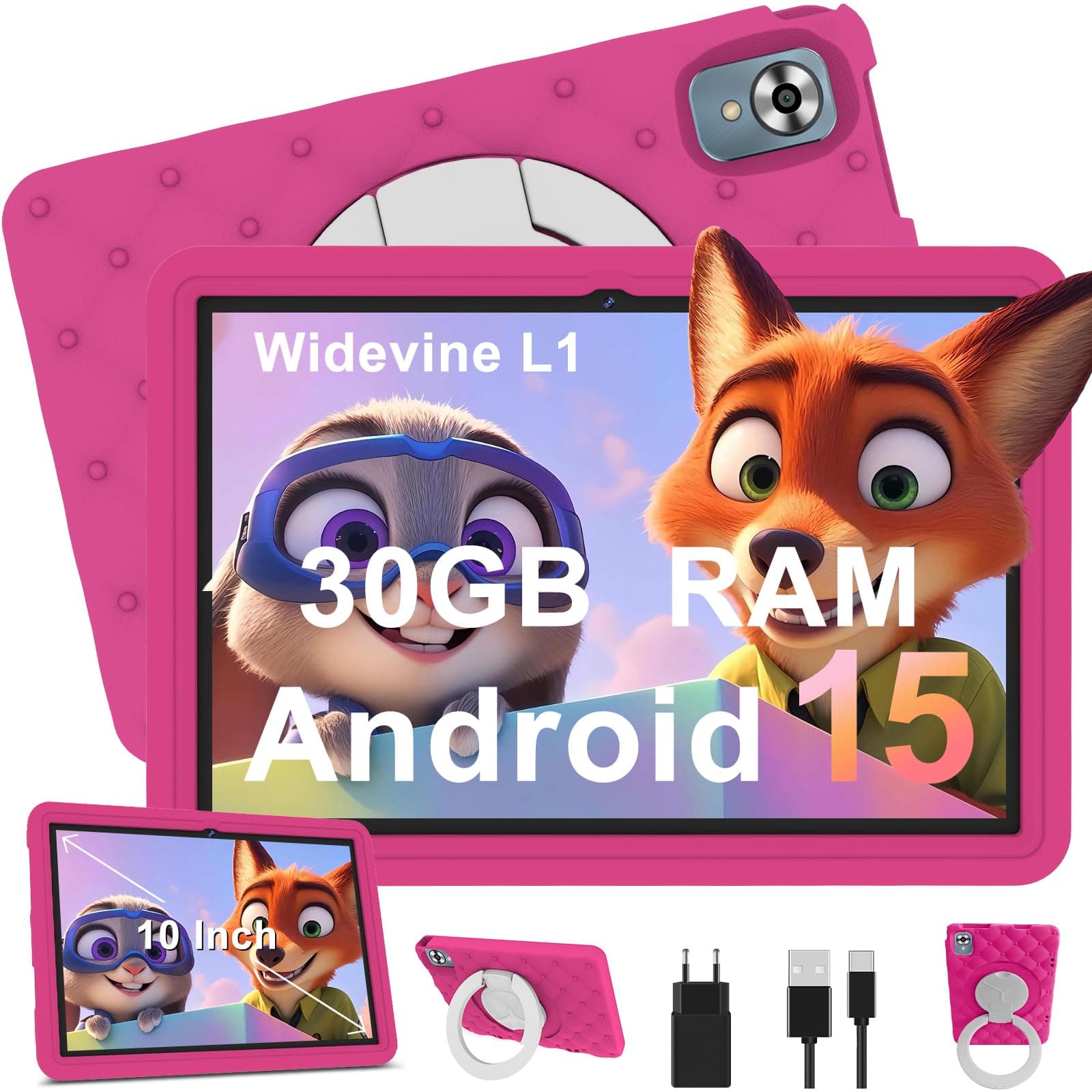 Kinder Tablet 10 Zoll Android 15 mit 30GB RAM + 64GB ROM(2TB), 5G WLAN 6, Widevine L1, Elterliche Kontrolle, 8-Core, 6000 mAh, Kids Tablet mit Kinder Hülle EVA + 360° Drehbarer Ständer, Rosenrot Angebot bei HelloDeals