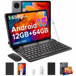 DOOGEE Tab A9 Tablet 10 Zoll Android 15, Tablet mit Tastatur/Stift/Maus/Hülle, 12GB RAM+64GB ROM(TF 2TB), 6580mAh, Unisoc T310, Dual Speaker, 5G WiFi, HD IPS Display, 8MP, GMS, BT5.0, 3.5mm, Face ID Grau-V