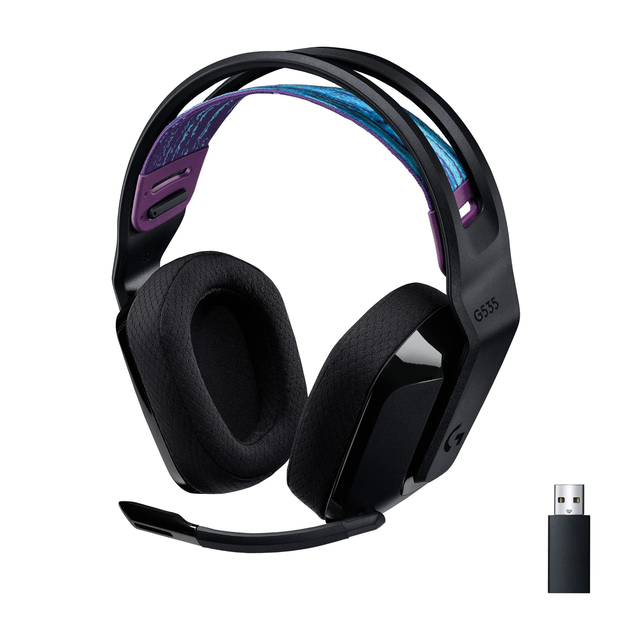 Logitech G535 LIGHTSPEED kabelloses Gaming-Headset – leichter Kopfhörer, Flip-Stummschaltung, Stereo, kompatibel mit PC, PS4, PS5, wiederaufladbar über USB – Schwarz Blau mit lila Details Headset Angebot bei HelloDeals