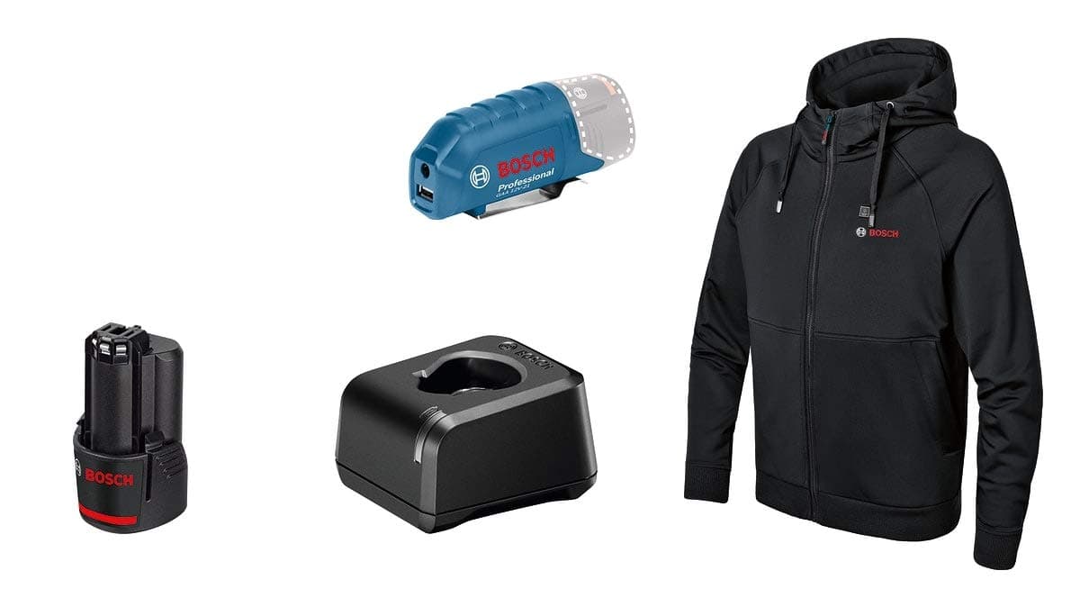 Bosch Professional Beheizbare Sweatjacke GHH 12+18V XA (inkl. USB-Ladeadapter GAA 12V-21 und GBA 12V 2.0Ah Akku und Ladegerät GAL 12V-20) - Größe L L mit Akku+Ladegerät