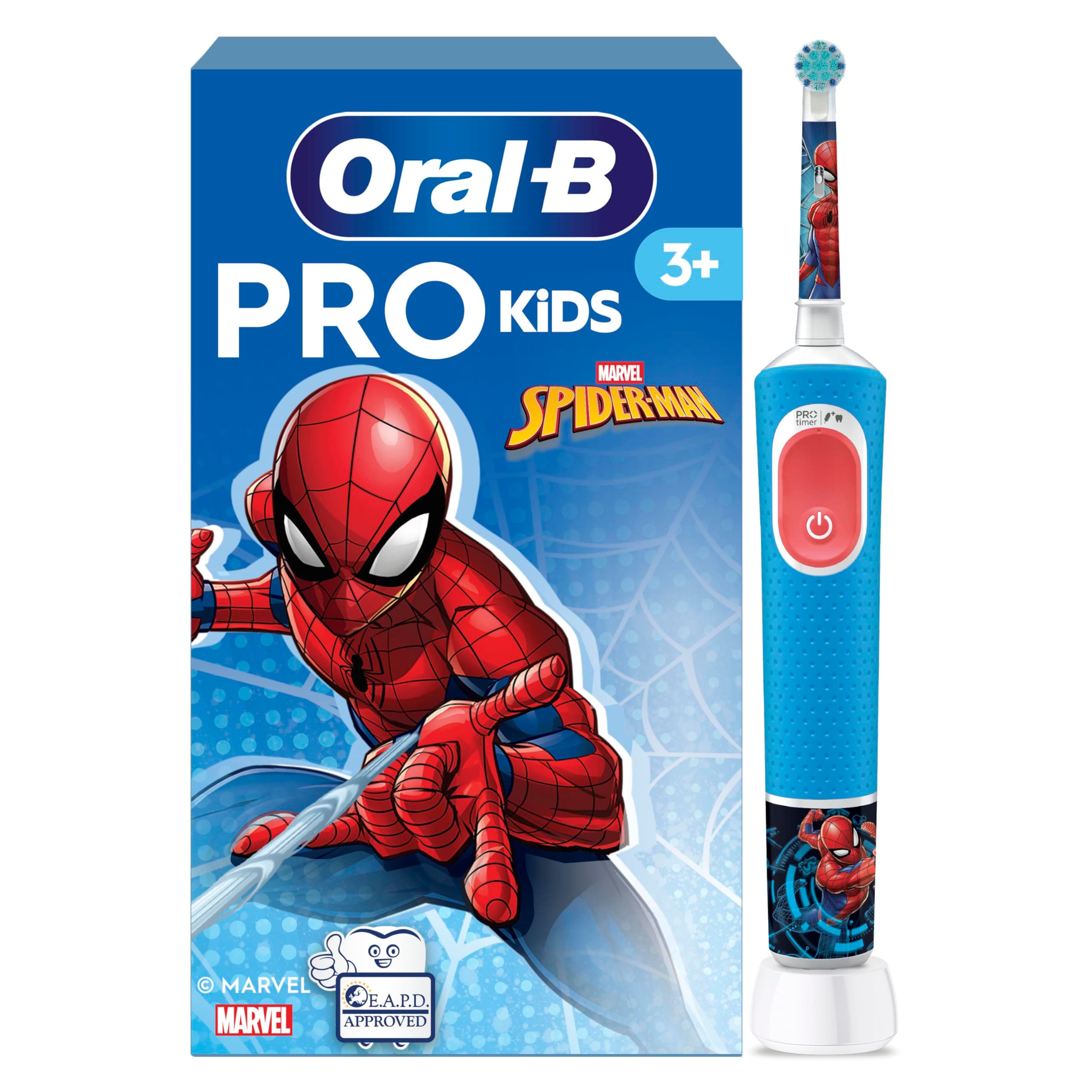 Oral-B Pro Kids Spiderman Elektrische Zahnbürste/Electric Toothbrush für Kinder ab 3 Jahren, inklusive Sensitiv+ Modus für Zahnpflege, extra weiche Borsten, 1 Aufsteckbürste, 4 Sticker, blau/rot Angebot bei HelloDeals