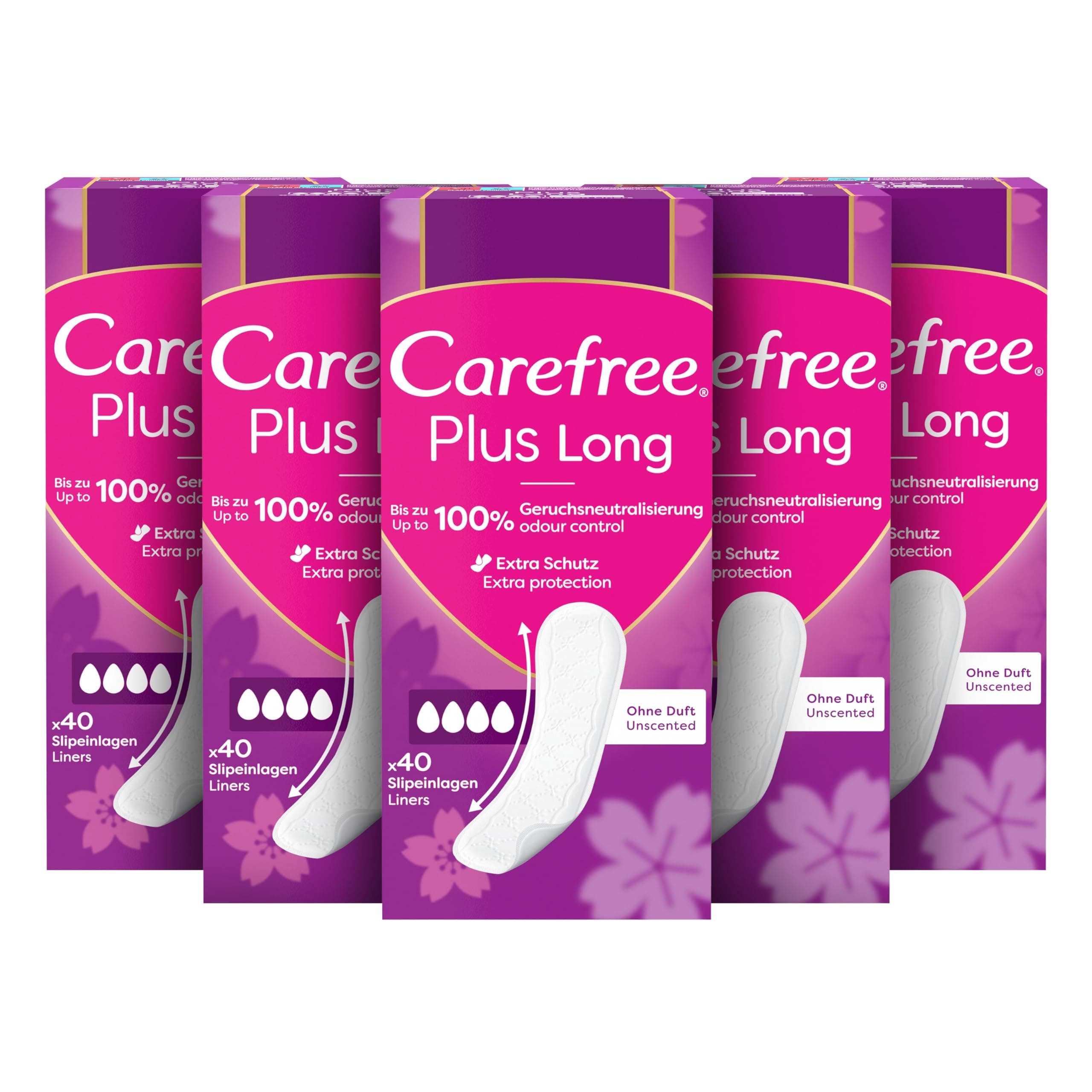 Carefree Slipeinlagen Plus Long ohne Duft, die extra langen Slipeinlagen für extra Schutz und bis zu 100 Prozent Geruchsneutralisierung, 40 Stück Klassisch