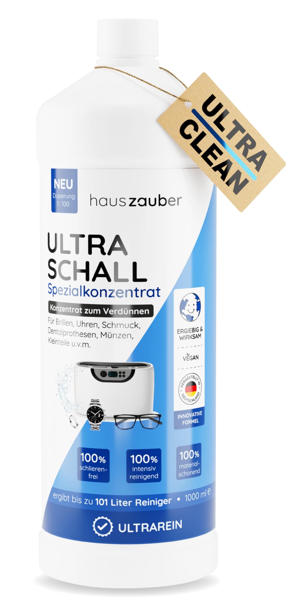 hauszauber - Ultraschallreiniger Konzentrat [EXTRA ERGIEBIG] 1000 ml - Reinigt Brillen, Schmuck, Zahnersatz, Münzen, Kleinteile etc. - Für Ultraschallgeräte & Ultraschallbad Angebot bei HelloDeals