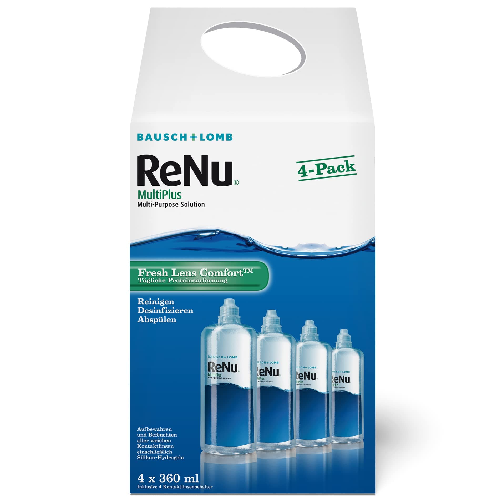 Bausch + Lomb ReNu MultiPlus Kombilösung mit Proteinentferner - Kontaktlinsenreiniger, Aufbewahrungslösung, weiche Linsen, Halbjahrespack, 4 x 360 ml Angebot bei HelloDeals