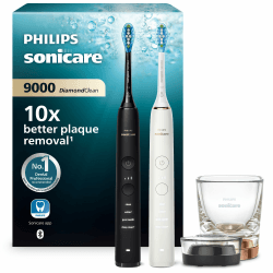 Philips Sonicare DiamondClean 9000 elektrische Zahnbürste, Schallzahnbürste mit App, Andruckkontrolle, 4 Putzmodi, 3 Intensitätsstufen, Ladeglas, Schwarz und Roségold, Zweierpack, Modell HX9914/57 Angebot bei HelloDeals