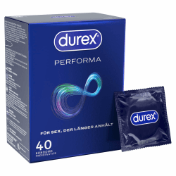 Durex Performa Kondome – Angenehmen Geruch, komfortablen Sitz und leichtes Abrollen – Mit 5% benzocainhaltigem Gel in der Kondomspitze – Befeuchtet & transparent – 40er Pack (1 x 40 Stück) 40 stück (1er Pack) Angebot bei HelloDeals