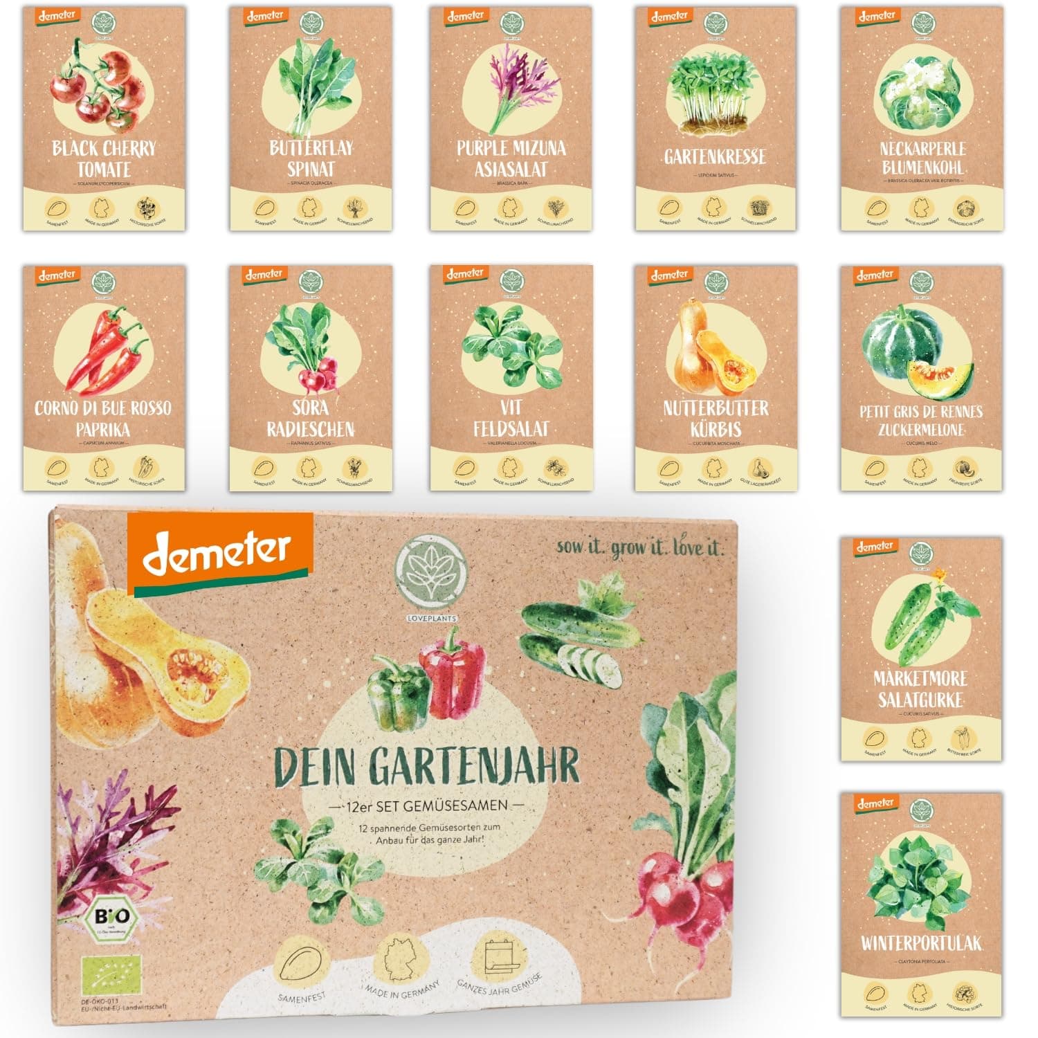 BIO Gartenjahr Gemüse Samen Set - 12 Sorten Demeter Gemüse Saatgut für das ganze Jahr | Seltene u. alte Gemüsesamen allesamt samenfest | Für Balkon, Hochbeet, Garten & als Geschenk | Loveplants Angebot bei HelloDeals