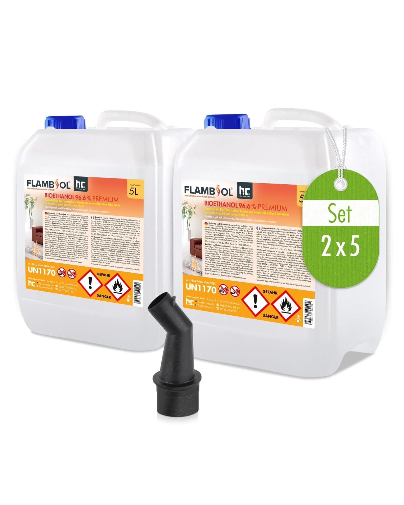 Höfer Chemie 2 x 5 L (10 Liter) FLAMBIOL® Bioethanol 96,6% Premium für Ethanol Kamin, Ethanol Feuerstelle, Ethanol Tischfeuer und Bioethanol Kamin 2x 5 L Angebot bei HelloDeals