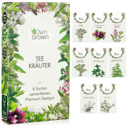 Tee Kräuter Samen Set: 8 Sorten Saatgut für Balkon und Garten – Pfefferminze, Kamille, Anis Samen, Brennnessel, Malve – Kräutersamen – Tee – Tee Box – OwnGrown Kräuter Angebot bei HelloDeals
