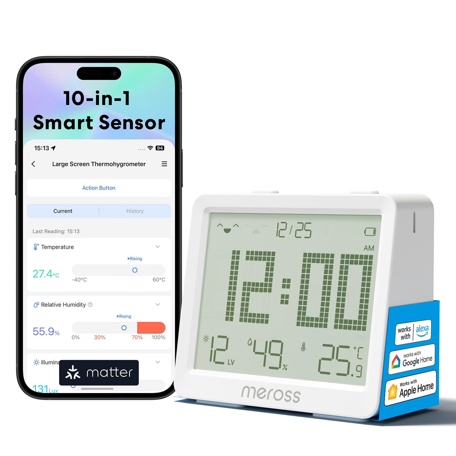 Meross 10-in1 Smart Hygrometer Thermometer Innen, WLAN Wetterstation Ausgestattet mit Benachrichtigung, Smart LCD Temperatursensor Kompatibel mit Apple HomeKit, Alexa, Google Home (Erfordert Hub) WiFi-Thermometer-Hygrometer 1 St. ohne Hub Angebot bei HelloDeals