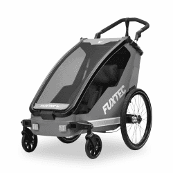 FUXTEC Kinderfahrradanhänger FX-FA1S, EIN-Sitzer faltbar mit Schiebegriff und Regenschutz, integrierter Anschnallgurt und Handgelenksband, max. Zuladung 35kg, inkl. Kupplung und Sicherheitsfahne Angebot bei HelloDeals