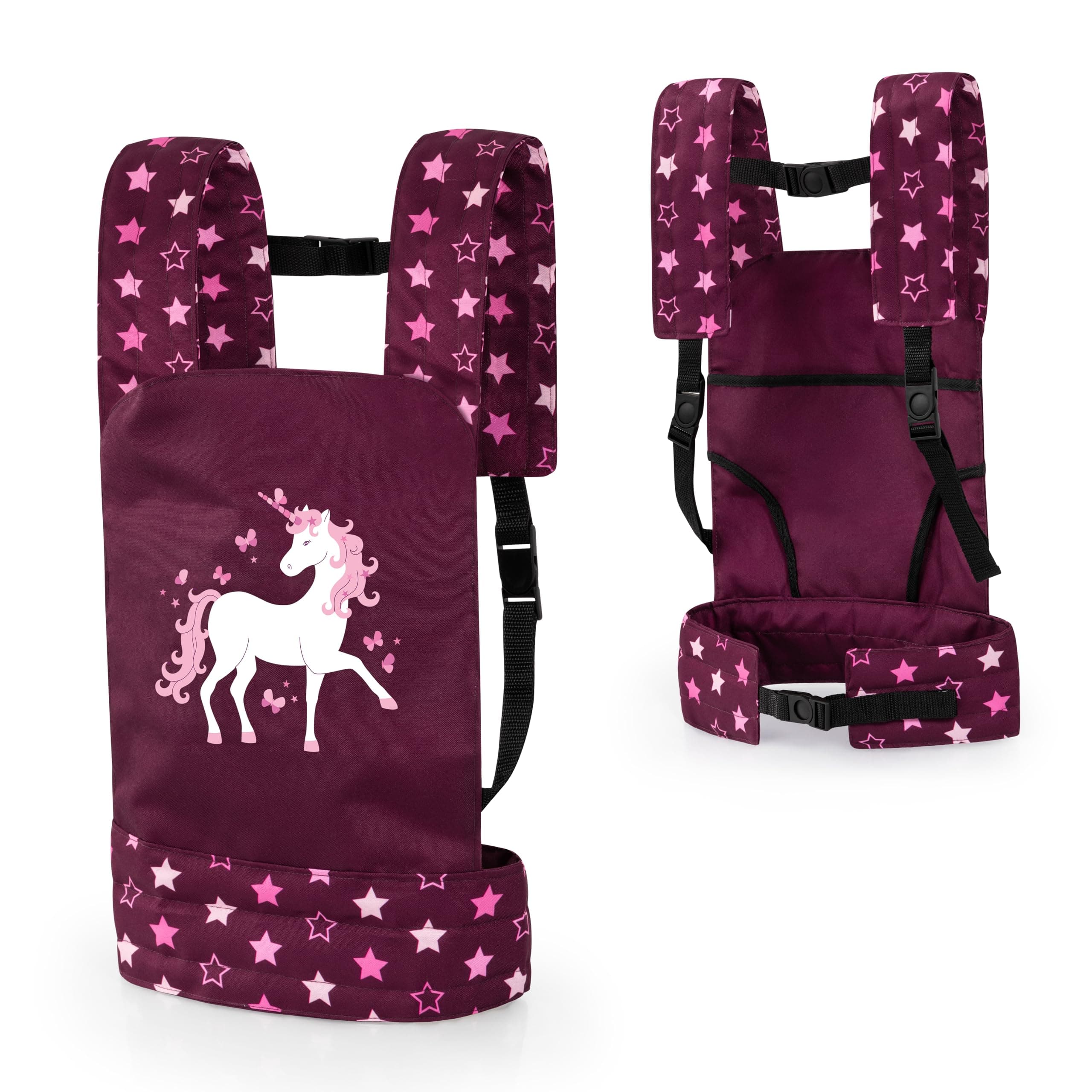 Bayer Design 62223AA Puppentrage EasyCarry, gepolstert, verstellbare Riemen, hinten und vorne tragbar, für Puppen und Plüschtiere, Bordeaux, Rosa, Einhorn Angebot bei HelloDeals