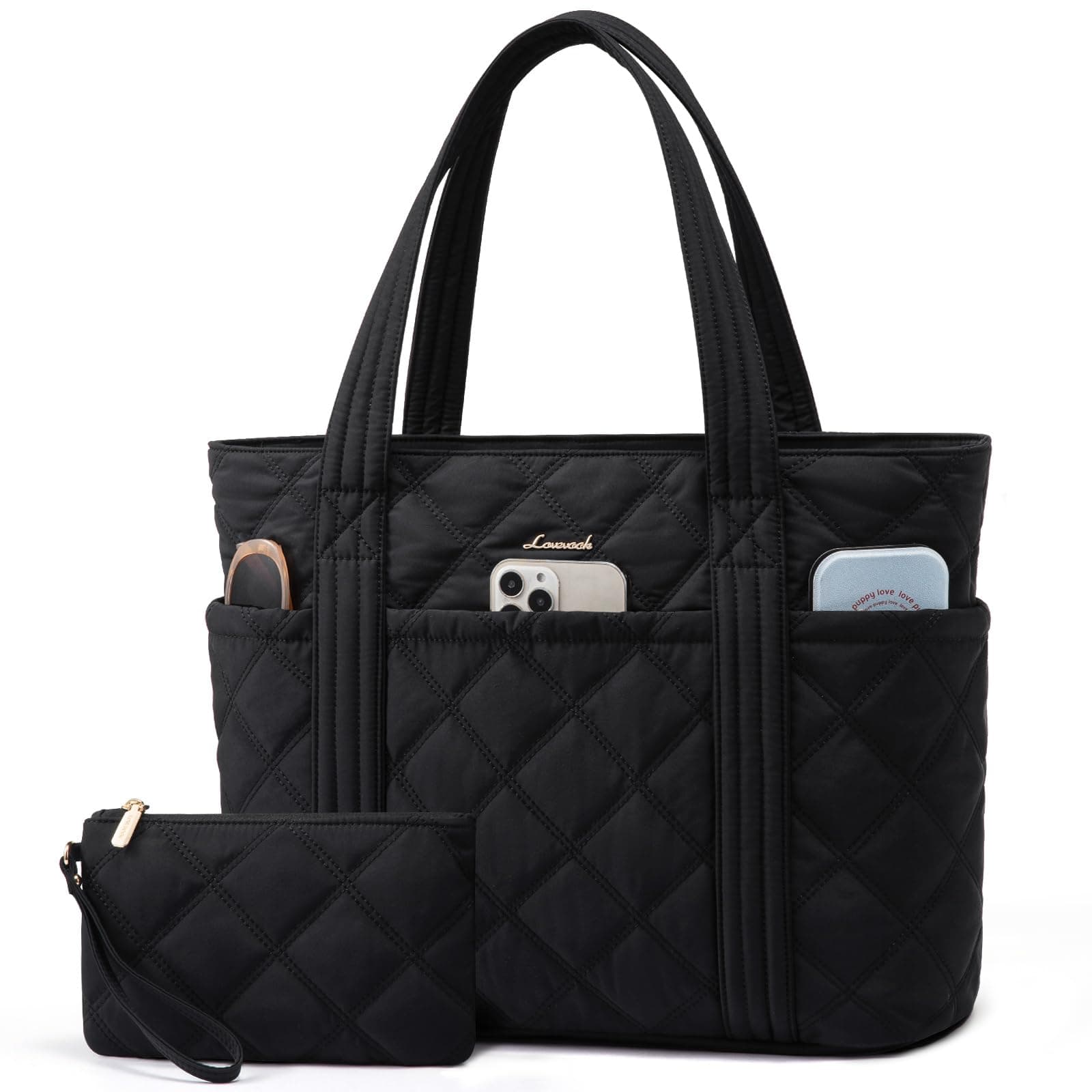 LOVEVOOK Shopper Tasche Handtasche Damen Mittelgroß, Leicht Puffer Tote Bag Arbeitstasche mit Reißverschluss, 15,6 Zoll Laptoptasche Lehrertasche Handbags Women für Uni Büro Arbeit Reisen, Schwarz M A-schwarz Angebot bei HelloDeals
