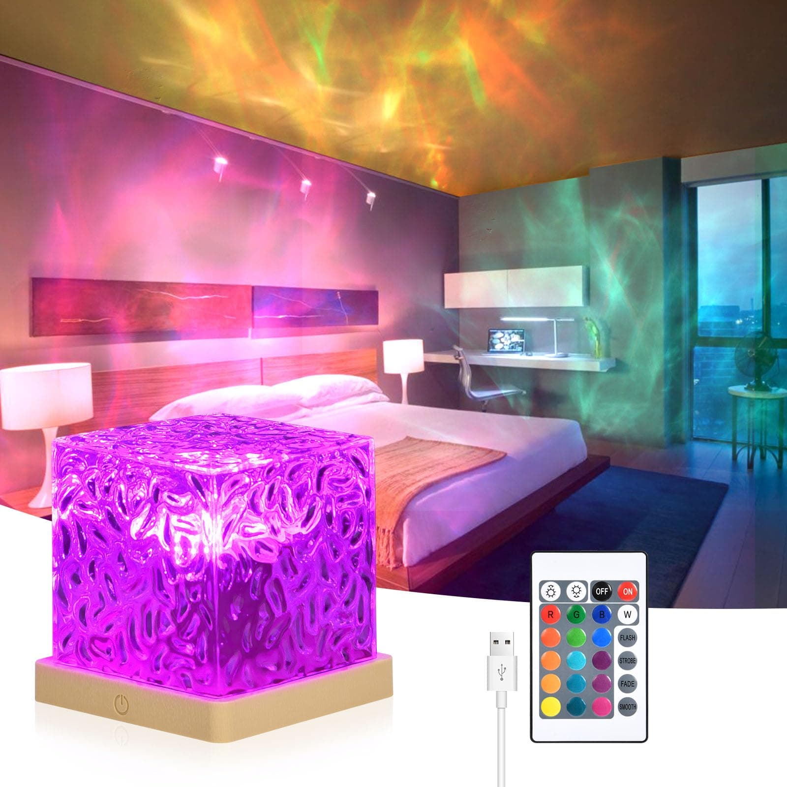 URAQT Sternenhimmel Projektor,30 Beleuchtungsmodi 16 Farben LED Nachtlicht Dimming Kristall Nachtlichtlampe mit Touch Steuerung Fernbedienung Wellenlampe für Spielzimmer Kinderzimmer Party Bars Angebot bei HelloDeals