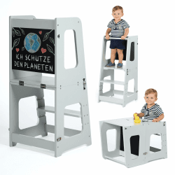 Montessori Lernturm ab 1 Jahr Klappbar Groß– 2-in-1 Premium Learning Tower & Tisch – Lernturm klappbar, Nachhaltiges Unternehmen, höhenverstellbare Stufe, Innovatives (grau) Angebot bei HelloDeals