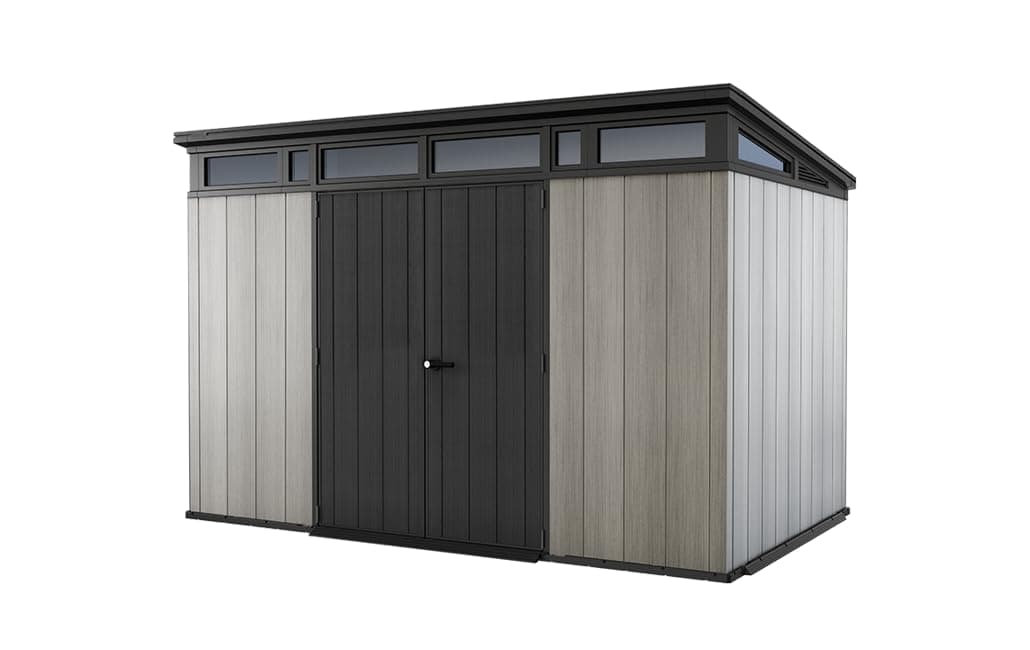 Keter Kunststoff Gerätehaus 11x7 – Wetterfestes Gartenhaus mit Boden, Doppeltüren & Fenster, Fahrradschuppen, Ideal für Outdoor-Geräteschuppen, 342x218x226cm Angebot bei HelloDeals