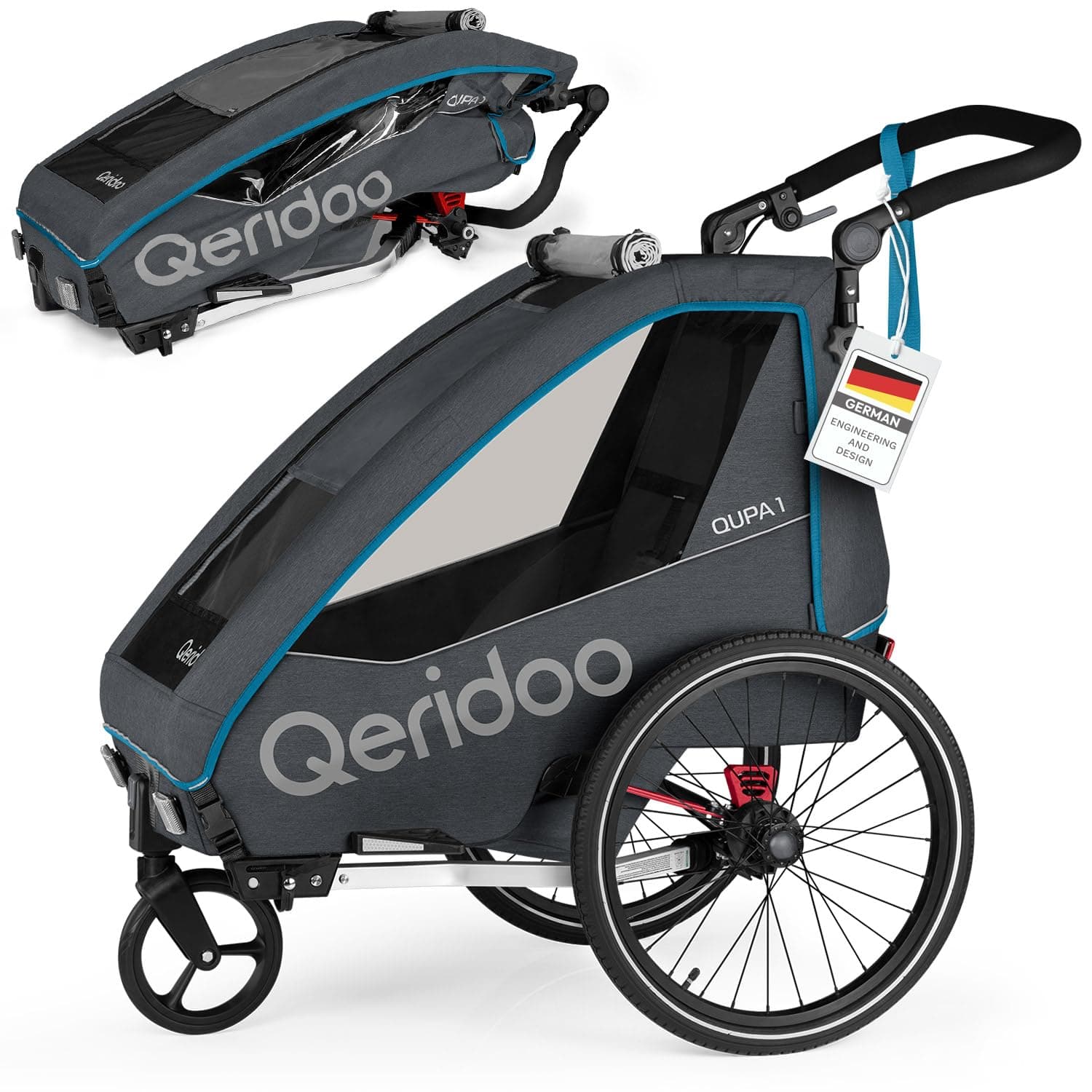 Qeridoo Fahrradanhänger QUPA 1 mit Blattfederung, zusammenfaltbare Kabine, ausbaubare Rückbank, Buggy, Trailer, Höhenverstellbarer Schiebegriff, 5-Punkt Gurtsystem, für 1 Kind Blue Angebot bei HelloDeals