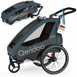Qeridoo Fahrradanhänger QUPA 1 mit Blattfederung, zusammenfaltbare Kabine, ausbaubare Rückbank, Buggy, Trailer, Höhenverstellbarer Schiebegriff, 5-Punkt Gurtsystem, für 1 Kind Blue Angebot bei HelloDeals