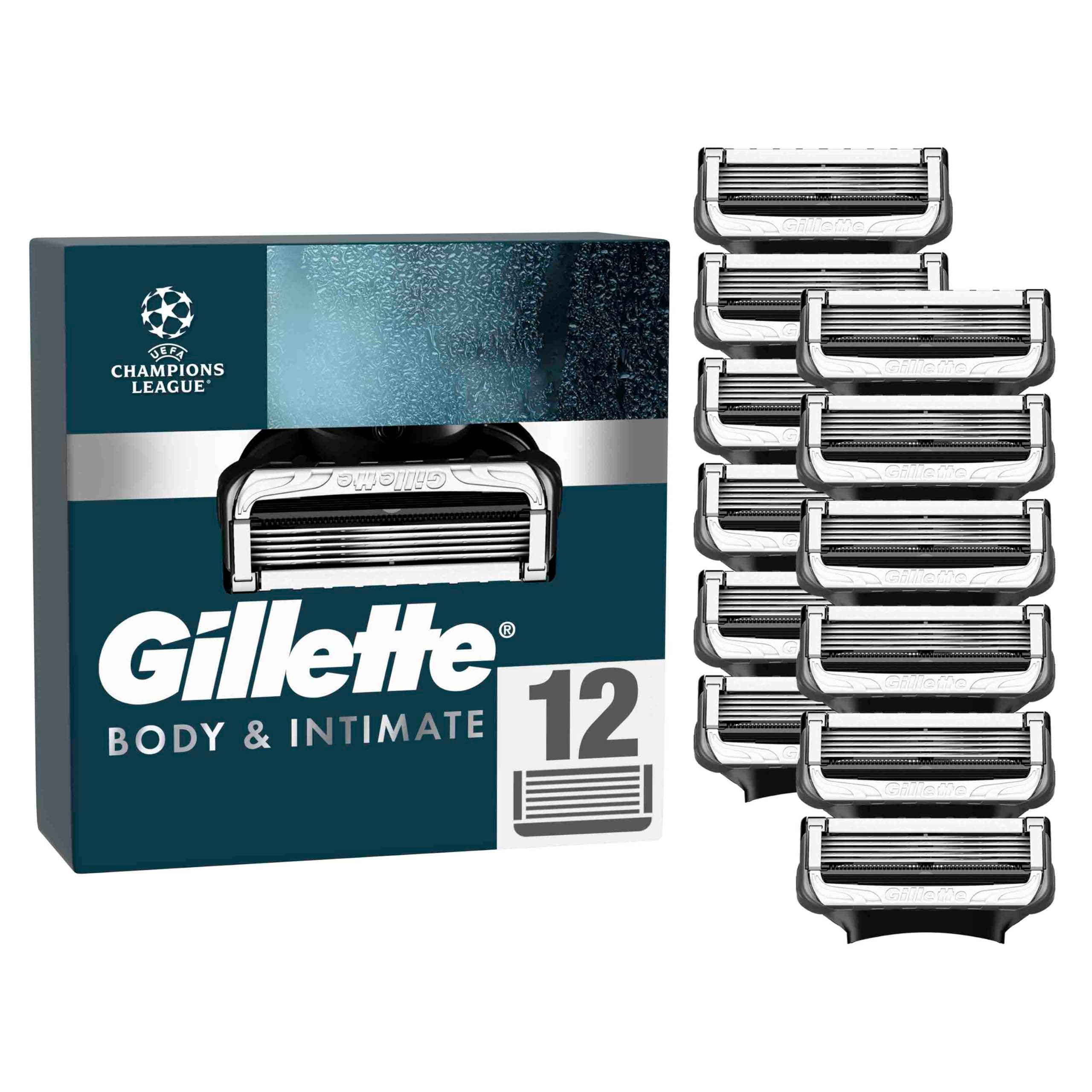 Gillette Body & Intimate Rasierklingen — 12 ORIGINAL Ersatzklingen für Nassrasierer, Klingen für Herren mit Verbesserten Gleitstreifen für eine Sanfte und Einfache Anwendung — Dermatologisch Getestet Angebot bei HelloDeals