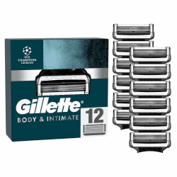 Gillette Body & Intimate Rasierklingen — 12 ORIGINAL Ersatzklingen für Nassrasierer, Klingen für Herren mit Verbesserten Gleitstreifen für eine Sanfte und Einfache Anwendung — Dermatologisch Getestet Angebot bei HelloDeals
