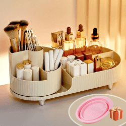 Make up Organizer 360° Drehbar, Großer Bad Kosmetik Organizer mit Aufbewahrungsbox für Schminktisch – Inkl. Makeup Pinsel Reiniger (Beige) Angebot bei HelloDeals