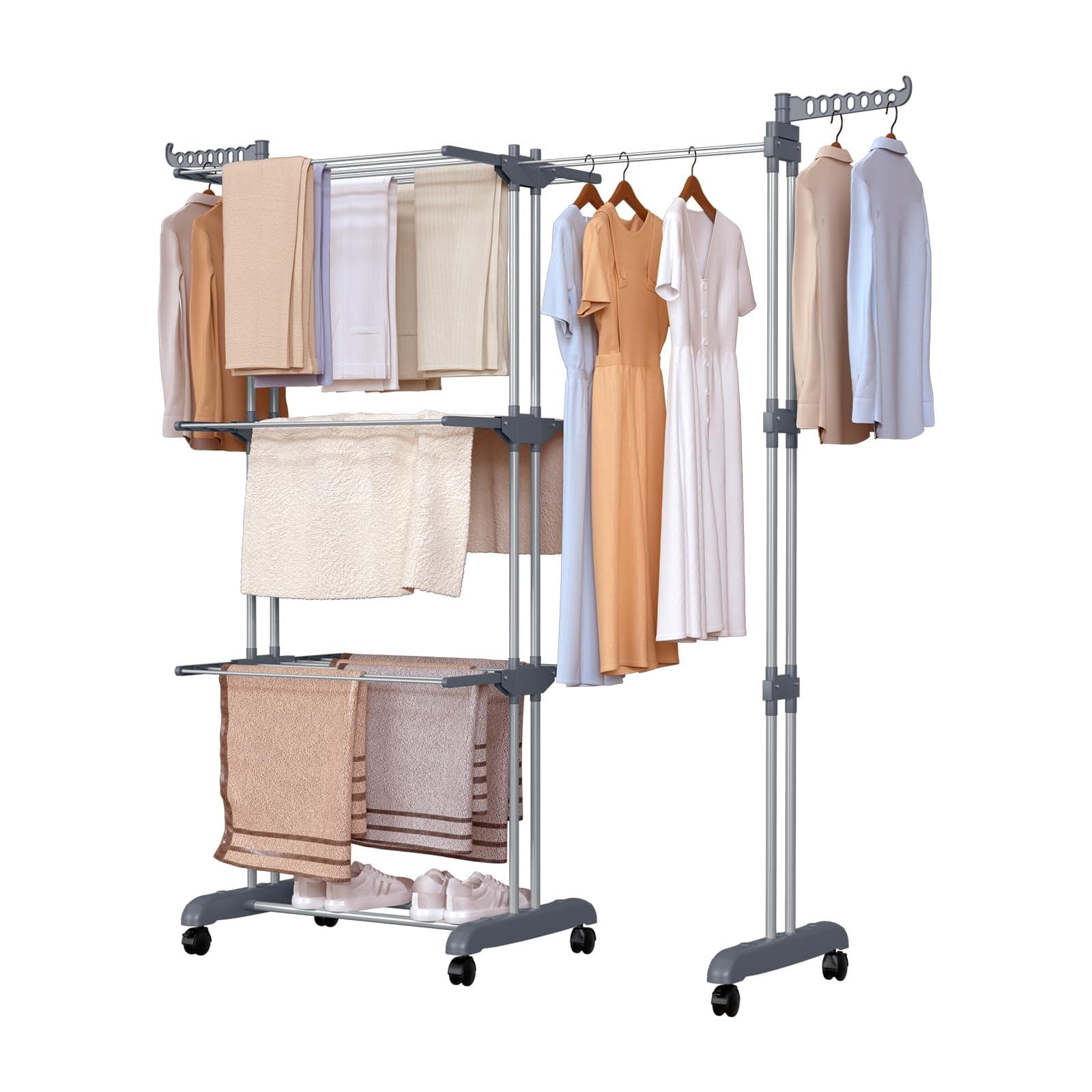 Oak & Tea Wäscheständer Turm, 83-200cm(Ausziehbar Flügeln), XXL Wäscheturm mit Rollen, 4 Etagen Wäscheständer, Großer Standtrockner, für Innen- und Außenbereich, Grau Angebot bei HelloDeals