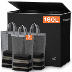 SOLEDI 180L Wäschekorb, Wäschesammler mit Deckel, 3 Fächer und 3 Wäschesack - Großer XXXL Wäschesortierer für Badezimmer, Schlafzimmer, Wäschekammer, Kinderzimmer - 3 x 60L 180 Liter Schwarz Angebot bei HelloDeals