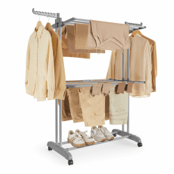 SONGMICS Wäscheständer, Standtrockner 3 Ebenen, Flügelwäscheständer, klappbare Flügel, mit Rollen, 63,5 x 125,5 x 148 cm, groß, einfacher Aufbau, für Innen- und Außenbereich, Taubengrau LLR702G01 Angebot bei HelloDeals