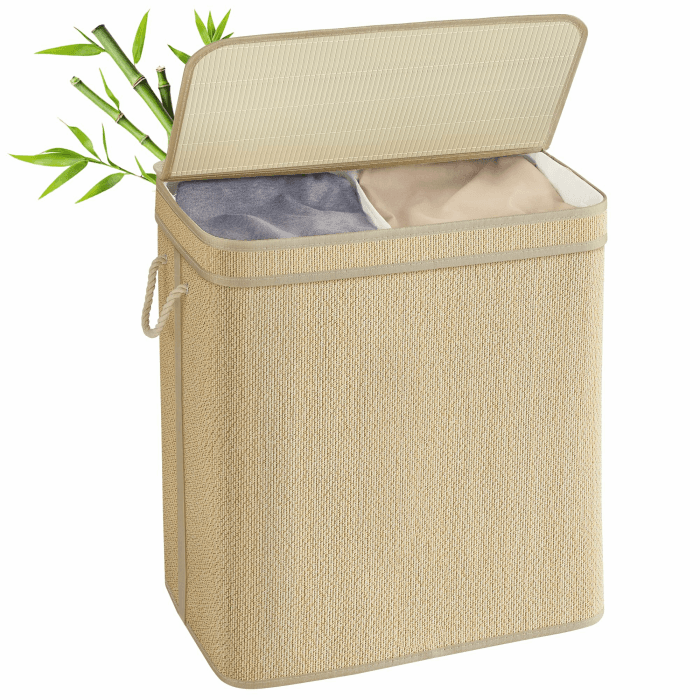 SONGMICS Wäschekorb 2 Fächer, Wäschesammler Bambus, 130 Liter, Wäschesack herausnehmbar und maschinenwaschbar, mit Deckel, Griffe, für Waschküche, Schlafzimmer, Wohnzimmer, naturfarben LCB068Y01 130 L (2 Fächer) Naturfarben Angebot bei HelloDeals