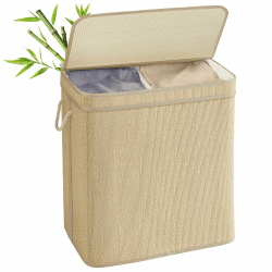 SONGMICS Wäschekorb 2 Fächer, Wäschesammler Bambus, 130 Liter, Wäschesack herausnehmbar und maschinenwaschbar, mit Deckel, Griffe, für Waschküche, Schlafzimmer, Wohnzimmer, naturfarben LCB068Y01 130 L (2 Fächer) Naturfarben Angebot bei HelloDeals