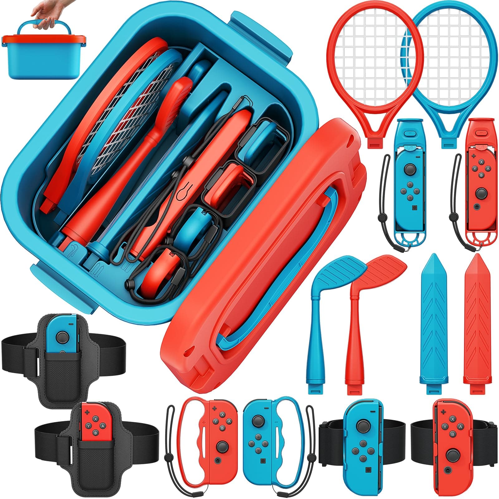 Deruitu 15-in-1-Switch-Sportzubehör-Bundle-Set für Nintendo Switch/OLED-Spiele, Switch-Sportspiel-Zubehör-Kit, Familien-Party-Pack-Spielzubehör-Set für Switch-OLED-Sportspiele Rot & Blau Nintendo Switch/OLED Angebot bei HelloDeals