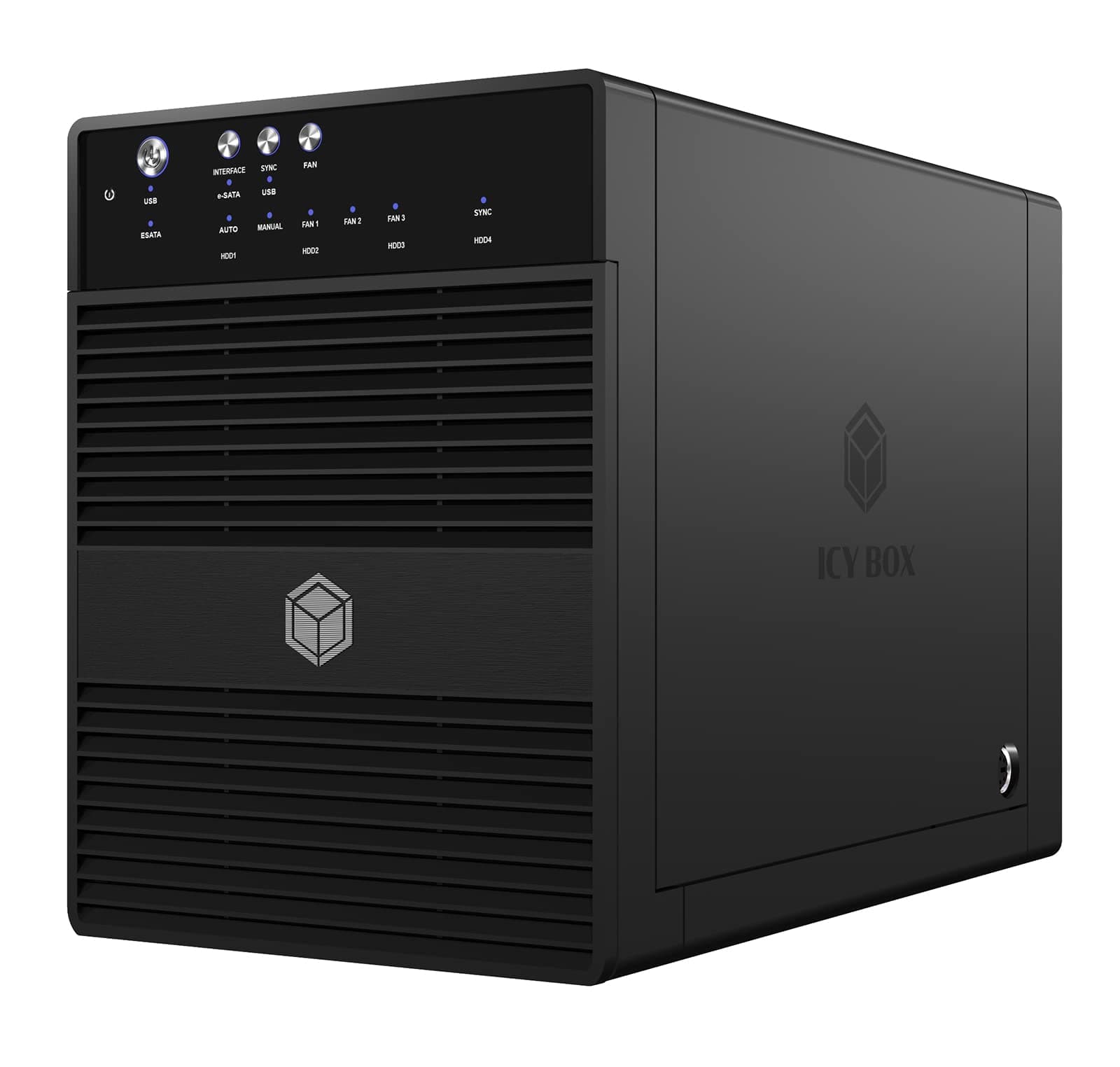 ICY BOX 4-fach Externes Festplattengehäuse für 3,5 Zoll SATA I,II,III Festplatten, USB 3.0 (UASP) & eSATA Anschluss, 80 mm Smart-Lüfter, JBOD (Single Modus), Standby, schwarz Angebot bei HelloDeals