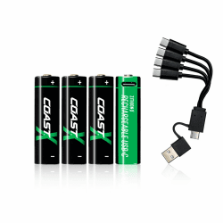 Coast AA 1,5V USB-C Akkus, ZITHION-X, Lithium-Ionen 2400 mAh, Lädt in 2,5 Stunden, Langlebig, Ladekabel Inklusive, 4er-Pack Angebot bei HelloDeals