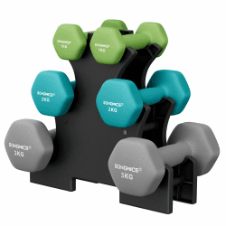 SONGMICS Hantel-Set, 3 Paar, 1kg-3kg，9kg oder 12kg, Aufbewahrung, Fitnessstudio, Krafttraining, rutschfeste Neopren-Beschichtung 12kg,limettengrün + aquamarin + hellgrau Angebot bei HelloDeals