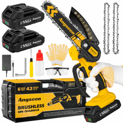 Bürstenloser Mini Kettensäge Mit Akku,6 zoll Elektro-Kettensäge Handkettensäge Akku für Gartenscheren Astschere Holzschneidenz 2 Akkus und 2 Ketten, 700W leistungsstarkem Motor. Angebot bei HelloDeals