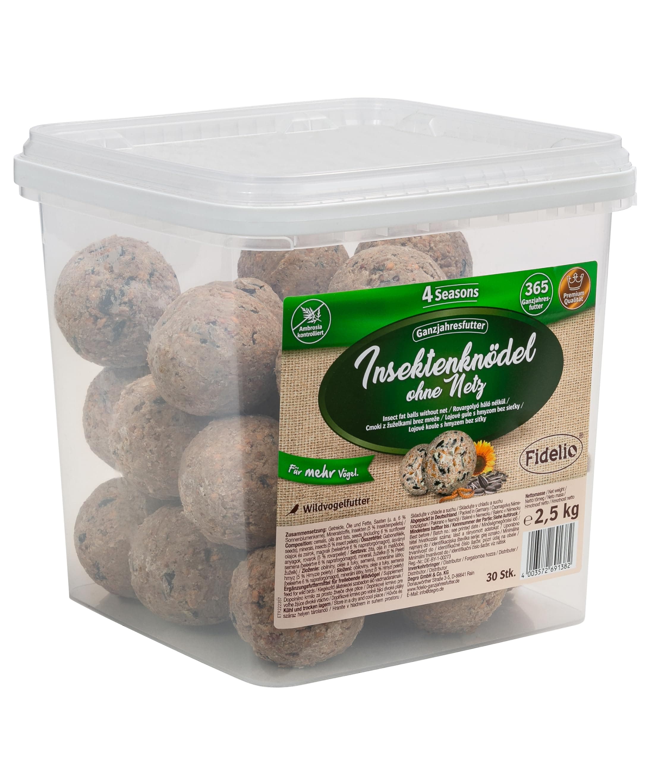 Fidelio Meisenknödel ohne Netz, Insektenknödel, ganzjähriges Wildvogelfutter proteinreich/energiereich, hochwertiges Vogelfutter für Wildvögel, 30 Stück im Eimer, 2.5 kg Geschmacklos 30 stück (1er Pack) Angebot bei HelloDeals