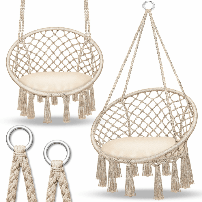 tillvex Hängesessel 200kg zum Aufhängen | Hängestuhl Indoor & Outdoor | Hängekorb wetterfest | Schaukelkorb mit Kissen Mit Kissen Beige Angebot bei HelloDeals