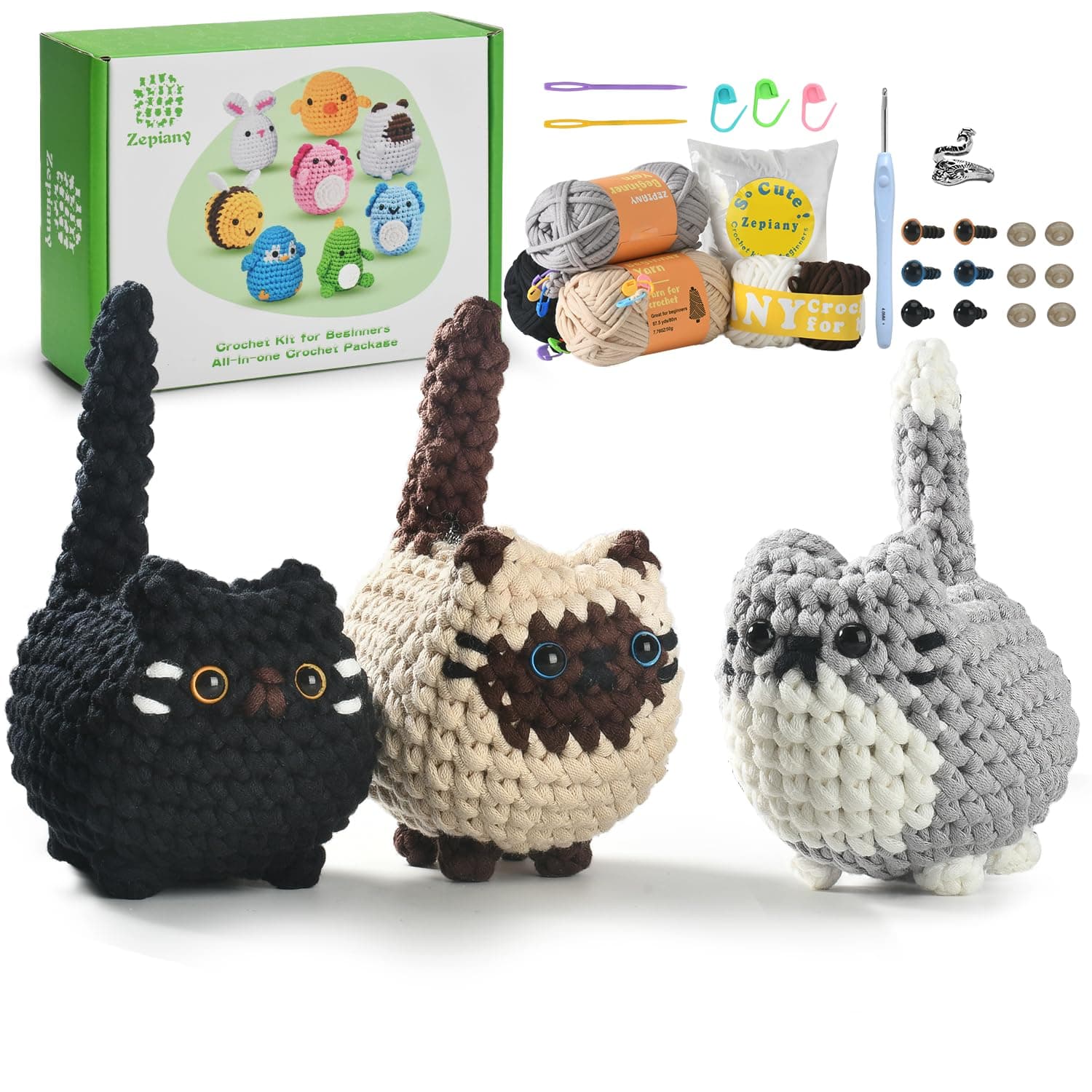 TranquilHome Heckel Set,Häkeln Für Anfänger Häkelset Tiere,Crochet Set,Häkelset Für Anfänger Tiere Schritt-Für-Schritt-Video-Erklärun,Amigurumi Anfänger-Drei Süße Gehäkelte Katzen Angebot bei HelloDeals