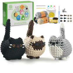 TranquilHome Heckel Set,Häkeln Für Anfänger Häkelset Tiere,Crochet Set,Häkelset Für Anfänger Tiere Schritt-Für-Schritt-Video-Erklärun,Amigurumi Anfänger-Drei Süße Gehäkelte Katzen Angebot bei HelloDeals