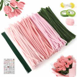 Pfeifenreiniger Blumen Set, 300 Stück Pfeifenputzer zum Basteln, Pfeifenreiniger zum Basteln, mit Grüne Bastelfaden, Klebeband, Geschenkpapier für DIY-Kunsthandwerk, Rosa Angebot bei HelloDeals