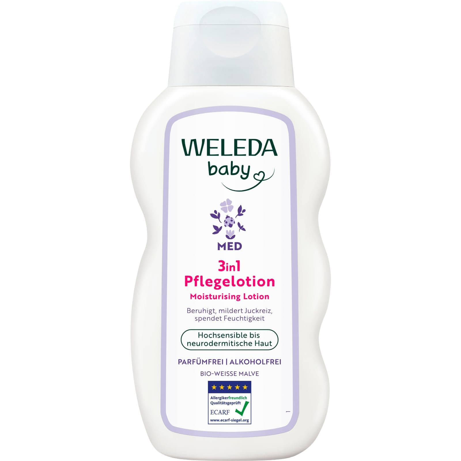 WELEDA Bio Baby Med 3in1 Pflegelotion Weiße Malve - Naturkosmetik Pflegelotion mit Kokosöl & Kakaobutter für hochsensible/neurodermitische Haut. Natürliche Körpflege Lotion für Babys (vegan, 200ml) Baby Med Bodylotion Angebot bei HelloDeals