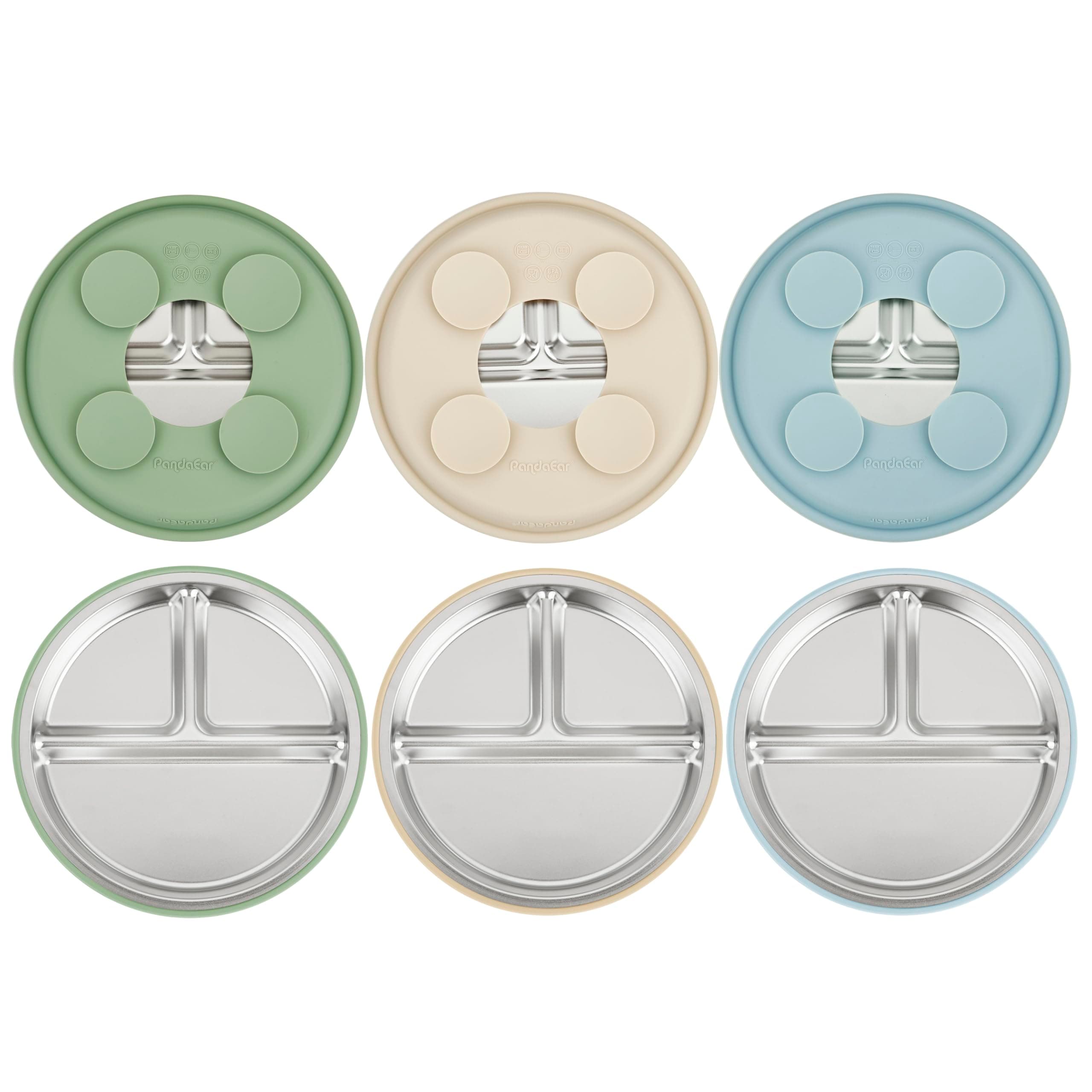 PandaEar 3 Stück Edelstahl-Baby-Saugnapfteller, geteilter Kleinkind-Teller für Babys, LED-Entwöhnungsbedarf, rutschfestes Kleinkind-Baby-Fütter-Set, spülmaschinenfest (Blau/Grün/Braun) Angebot bei HelloDeals