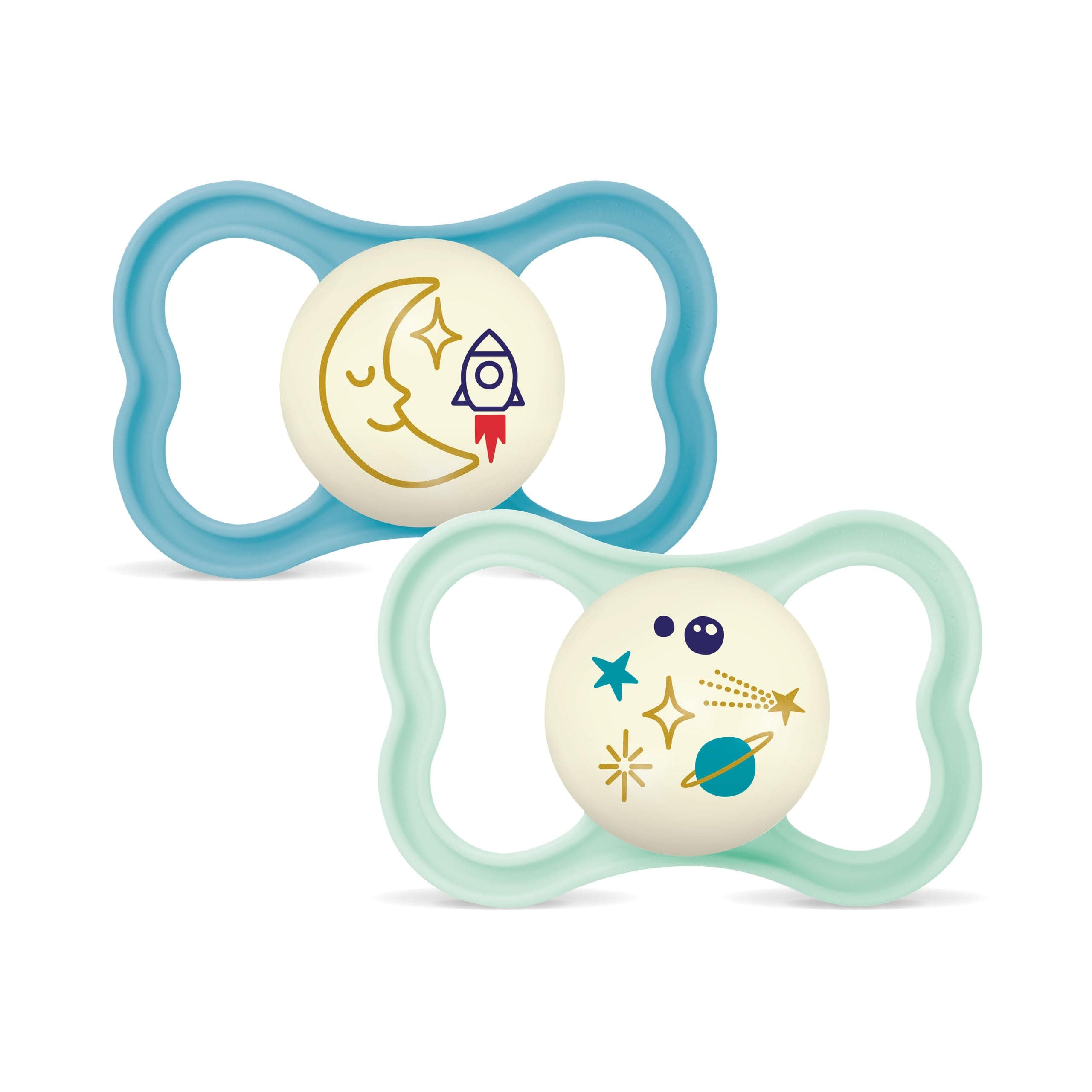 MAM Air Night Schnuller | 16+ Monate | leuchtende Schnuller | 94% Akzeptanz | Babyschnuller mit Experten entwickelt | besonders hautfreundlich | SkinSoft Silikon | Mond/Universum | 2 Stück 16+ Monate Blau/Mond/Universum Angebot bei HelloDeals
